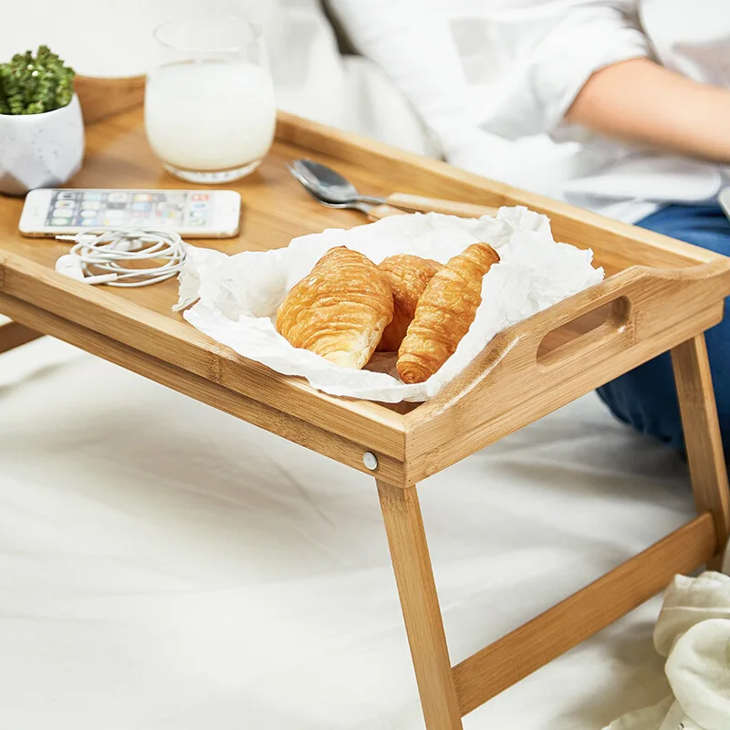 Portable Bamboo Bed Breakfast Tray Folding Laptop Desk Tea Food Serving Table Coffee Picnic Table Holder Outdoor Camping Table