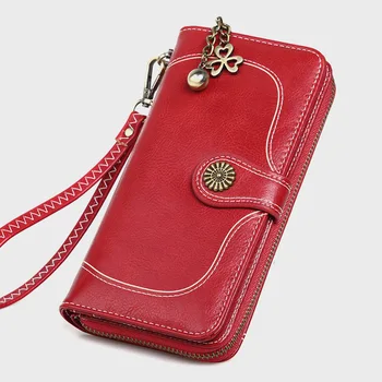 

Women's Oil Wax Leather Wallet Retro Mobile Phone Bag Oil Leather Coin Bag Card Holder Portefeuille Femme Billetera Mujer 2020