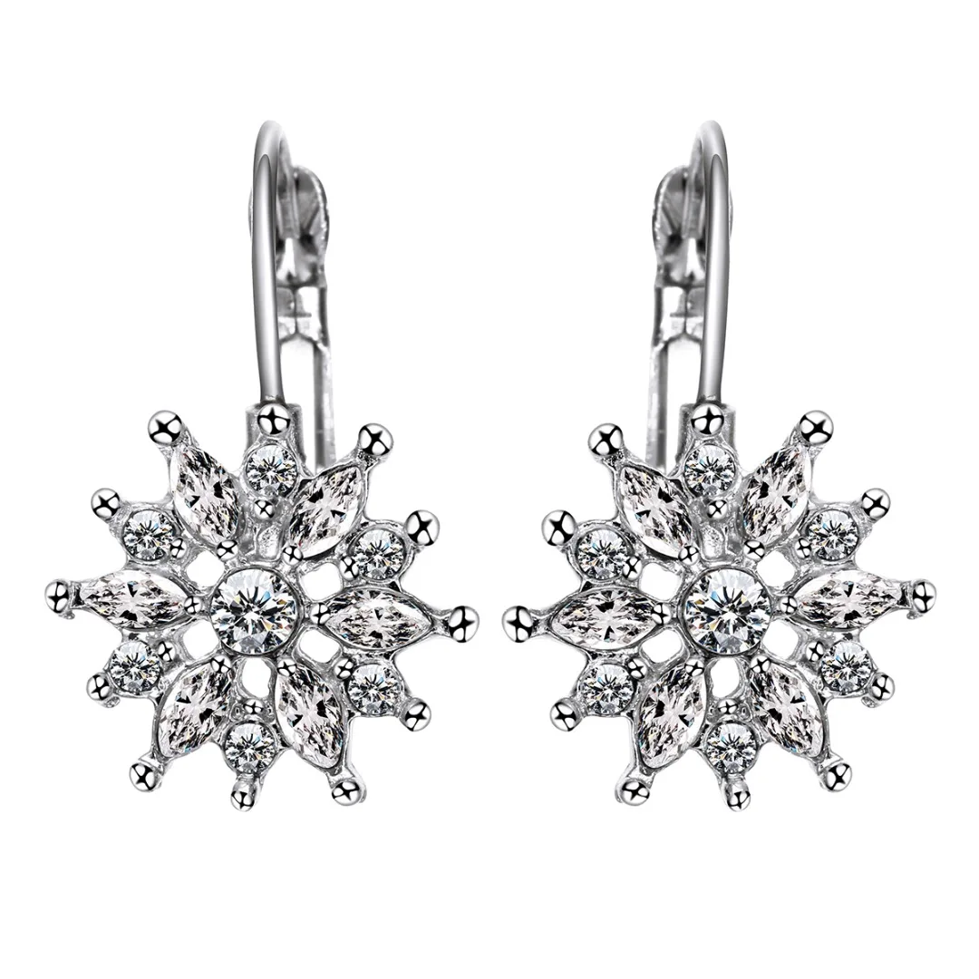 Fashion Princess Luxury Crystal Snow Flower Silver Gold Plated Hoop Earring for Women CZ Bridal Wedding Earring Jewelry Gift