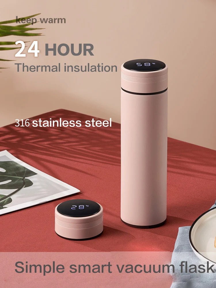 

Temperature Display Vacuum Flask Stainless Steel Frosted Solid Color 480ml Large Capacity Vacuum Flask Portable Simple Water Cup