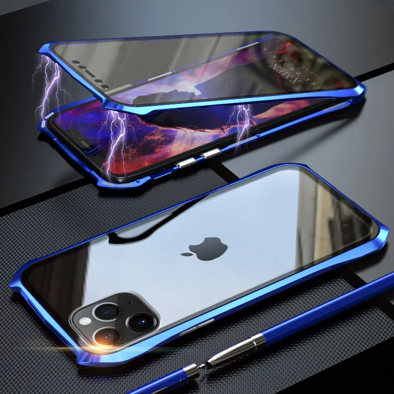Blue Металлический чехол с магнитной адсорбцией для iPhone 11 11 Pro Max, чехол с откидной крышкой, двусторонний чехол из закаленного стекла для iPhone 11 Pro, чехол для телефона - Цвет: Blue