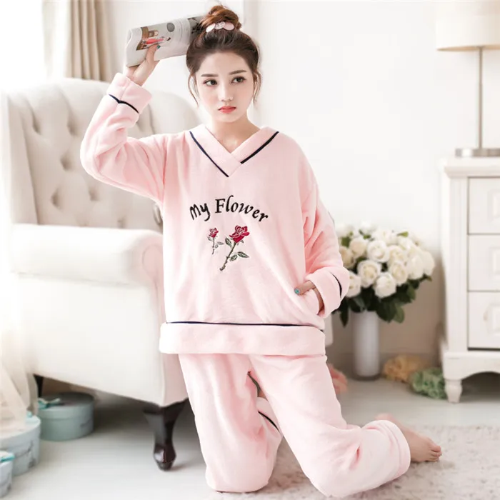 korean Flannel Warm Pajamas for Women Long Sleeve Home Suit Ladies sleepwear Velvet Pajama set Thick Feminino Pants Pyjamas