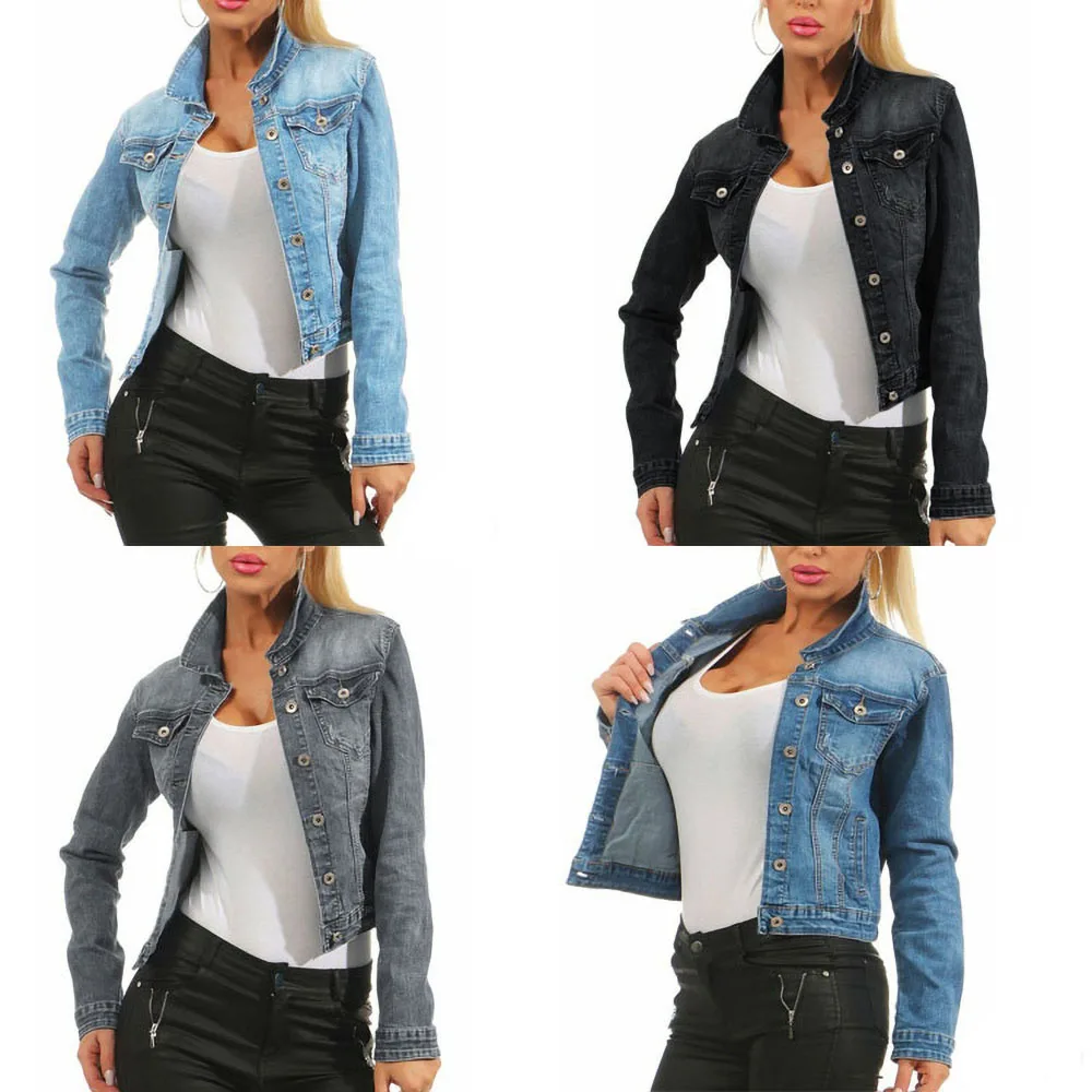 Новинка; chaquetas mujer; серая тонкая эластичная джинсовая куртка; эластичная и повседневная винтажная укороченная короткая джинсовая куртка; светильник; синий и черный цвета