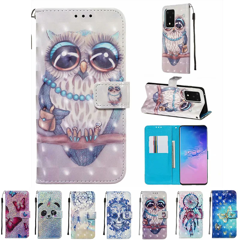 Кожаный чехол с рисунком совы единорога черепа для Samsung Galaxy S20 Plus флип-кошелек 3D