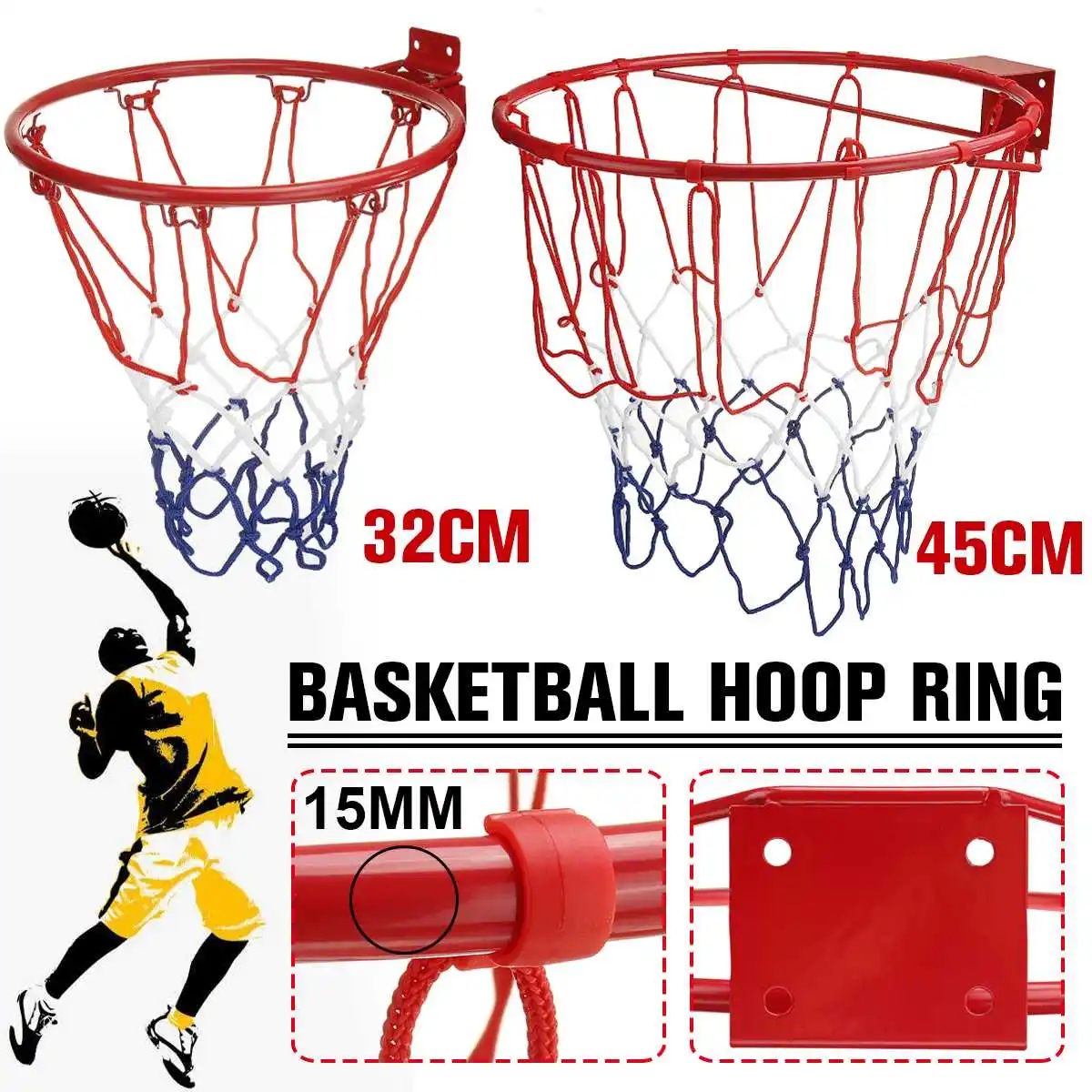 32cm 45cm Wall Mounted Hanging Basketball Goal Hoop Rim Metal Netting 