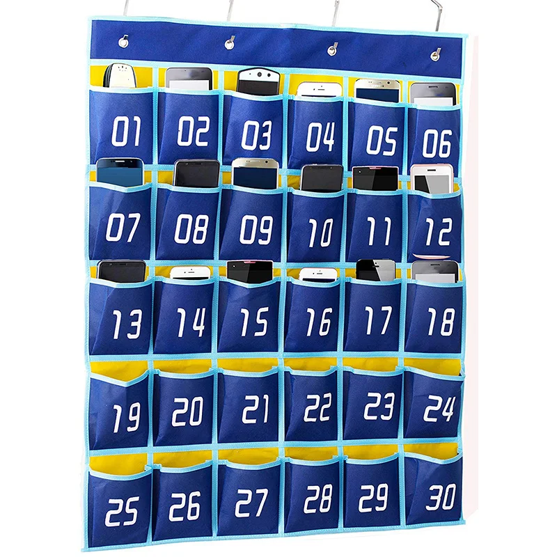 Numbered Pocket Chart Classroom Organizer for Cell Phones Calculator Holders (30 Pockets, Blue Pockets)