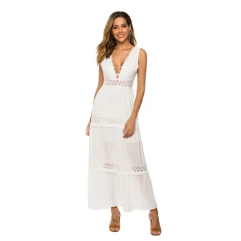 

Women White Dresses Deep V-neck Lace Hollow Sleeveless Chiffon Dress Summer Boho Ladies Sexy Backless Beach Big Swing Long Dress