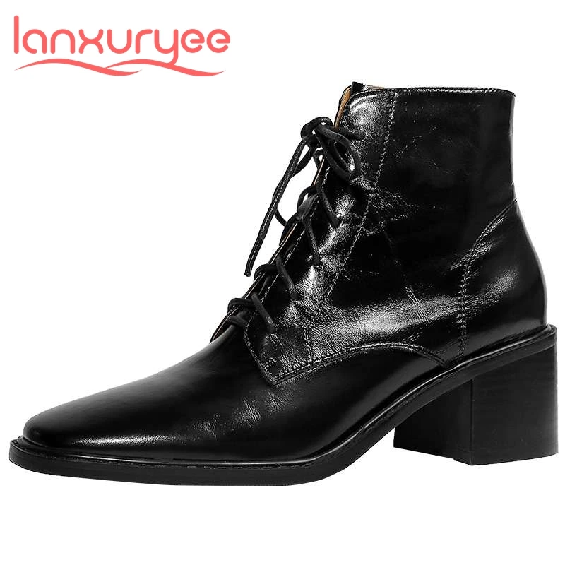 

Lanxuryee genuine leather square toe high heel Chelsea boots gladiator vintage top quality handmade cross-tied ankle boots L3f2
