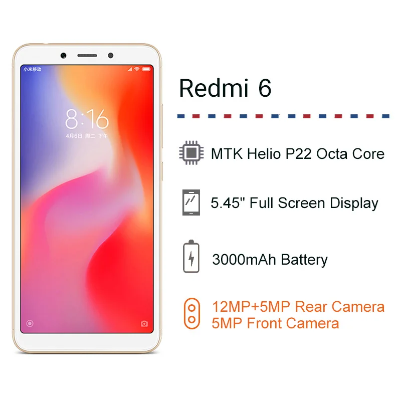 Global Version Xiaomi Redmi 6 4GB 64GB Smartphone Helio P22 Octa Core Smartphone 12MP+5MP Dual Came