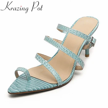 

Krazing pot hot sale genuine leather pointed flip-flop high heels slip on mules buckle decorations mature lady sandals women L19