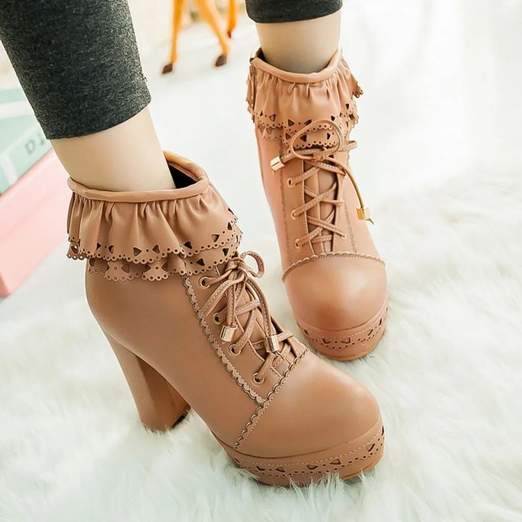 

MUQGEW Women's Boots Lolita Sweet Round Toe autumn boots Lace Up boots women Platform ankle boots for women high heel Snow Boots