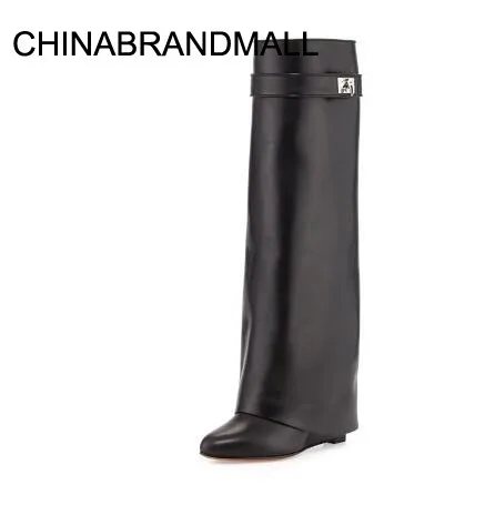 

Wedge Shark Lock Women Knee High Boots Slip-on Fold Over Lady Motorcycle Boots Height Increasing Woman Original Leather Boots