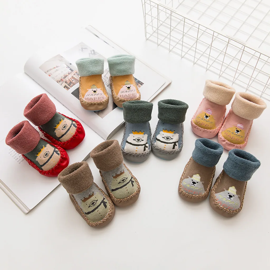 Носки для новорожденных мальчиков и девочек милые теплые носки-тапочки с рисунками животных Нескользящие домашние носки для малышей skarpetki meias menina