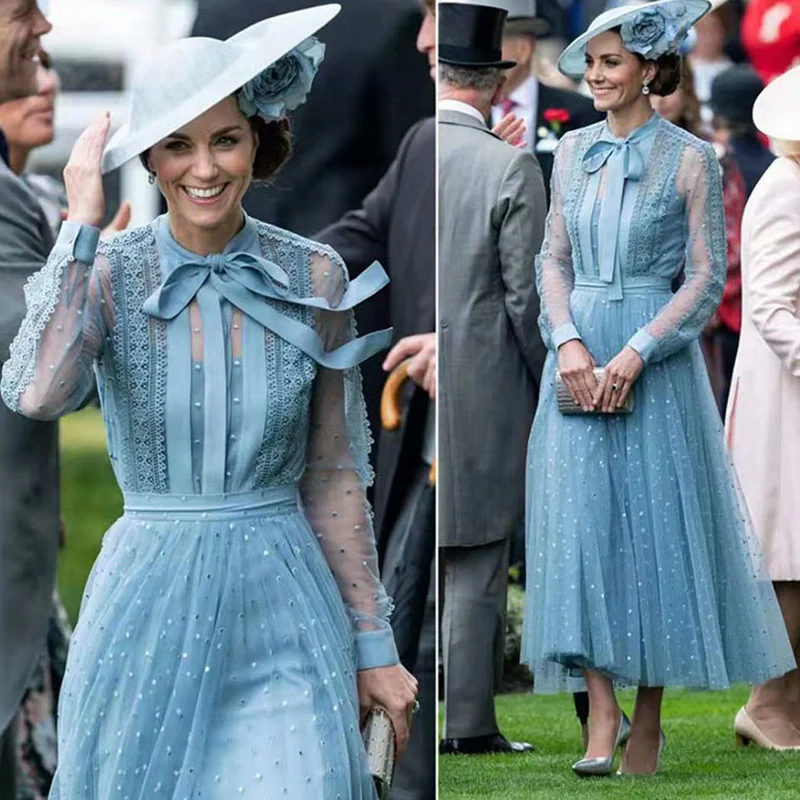

Kate Middleton Long Dress High Quality Women Fashion Work Party Sexy Vintage Elegant Chic Embroidery Long Sleeve Dresses