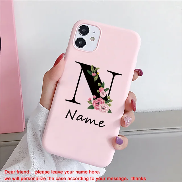 Flowers Diy For iphone 11 12 13 Pro Mini Phone Case Custom Capital Letters Name For X XS Max XR 7 8 Plus SE New Silicone Cover pink diy name