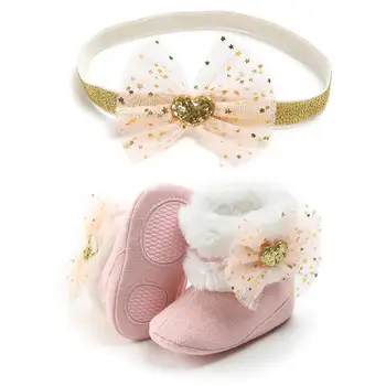 

Newborn Infant Baby Girls Winter Warm Booties Lace Bow Fur Mid-Calf Length Slip-On Furry Boots 0-18M Christening Baptism shoes