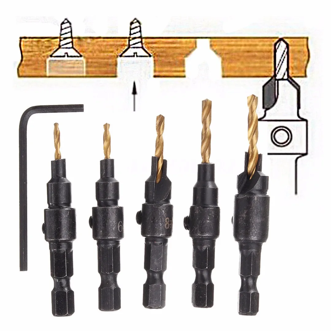 DWZ 5pcs 5~12mm HSS Woodworking Countersink Chamfer Drill Bit Screw Set & Wrench