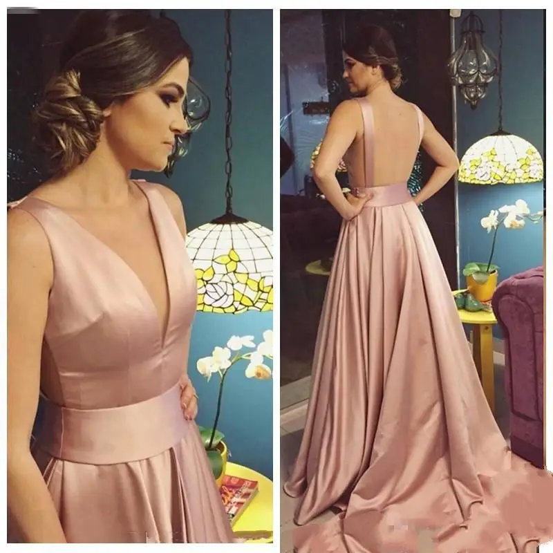 Sexy Deep V Neck Blush Pink Satin Long Prom Dresses Formal Occasion Evening Gown A-Line Backless Girls Party Dress Graduation Dess Cheap