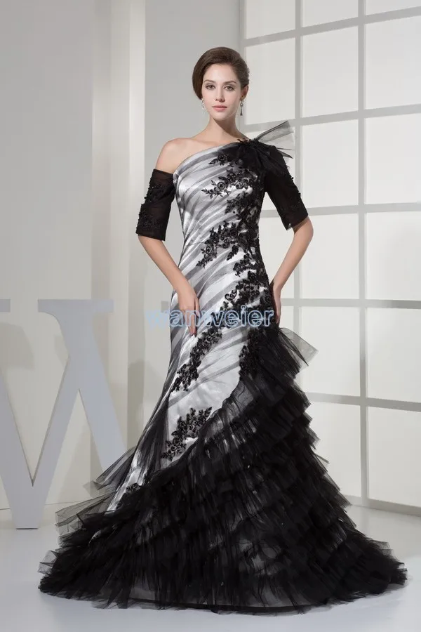 

free shipping one shoulder half sleeve custom size designer couture evening gowns small train mermaid appliques evening dress