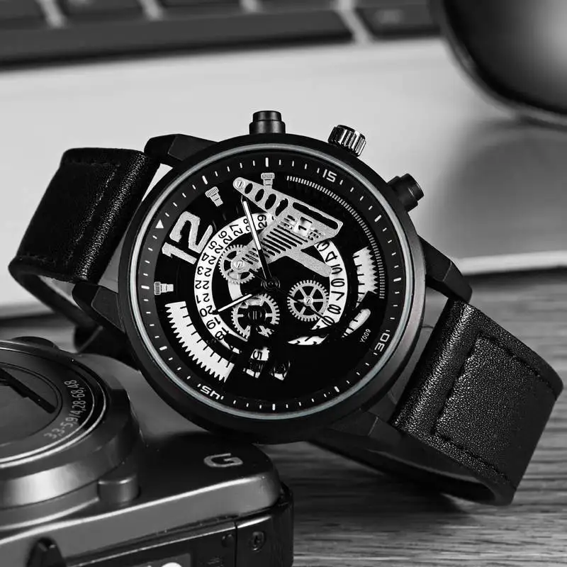 

Hot Fashion Porous Gear Calendar with Numbers High-End Men's Casual Sports Leather Belt Watch