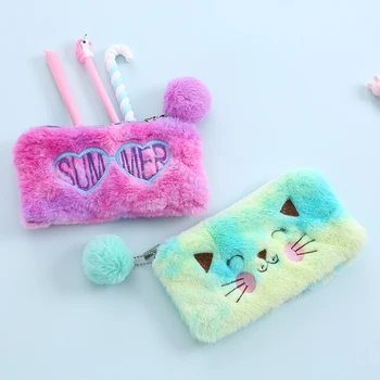 

Women Soft Plush Makeup Pouch With Fur Ball Student Cartoon Pencil Bag Rainbow Fur Love Cosmetic Bag Color Travel Washing Case