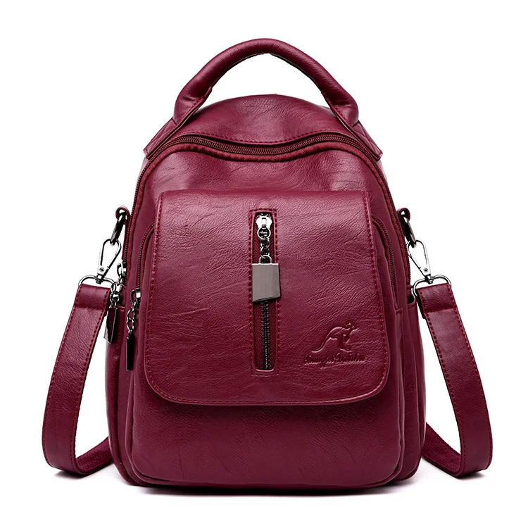 «3 в 1» из мягкой кожи Для женщин рюкзак Повседневное однотонные школьные рюкзаки для девочек-подростков, рюкзак для путешествий рюкзак для девушек mochila feminina - Цвет: red