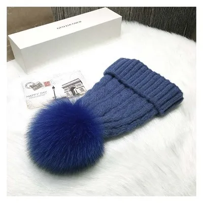 Натуральный мех помпон для девочек, Вязаная Мягкая теплая шапка Skullies Beanies, зимняя женская шапка с помпонами, женская шапка