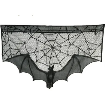 

Halloween Bats Lace Window Curtain Spider Web Bats Bud Silk Tulle Fireplace Black Wire Netting Curtain Cloth Halloween