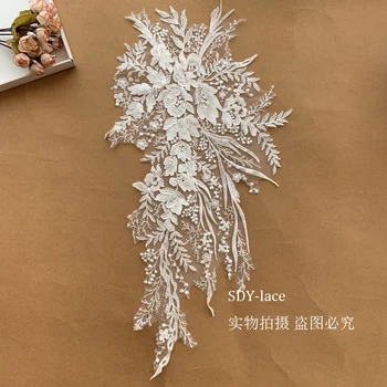 

60x32cm Ivory Rayon embroidery beading lace patches for baby wedding dress, bride wedding gowns decoration 2020 NEW