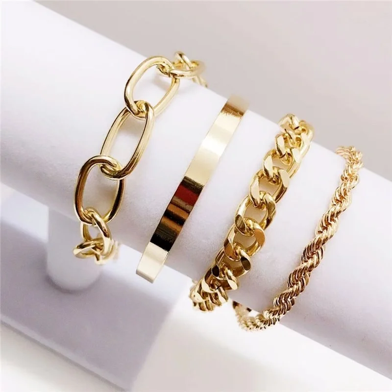 Simple 4pcs Punk Curb Cuban Chain Bracelets Set for Women Miami Boho Thick Gold Color Charm Bracelets Bangles Fashion Jewelry