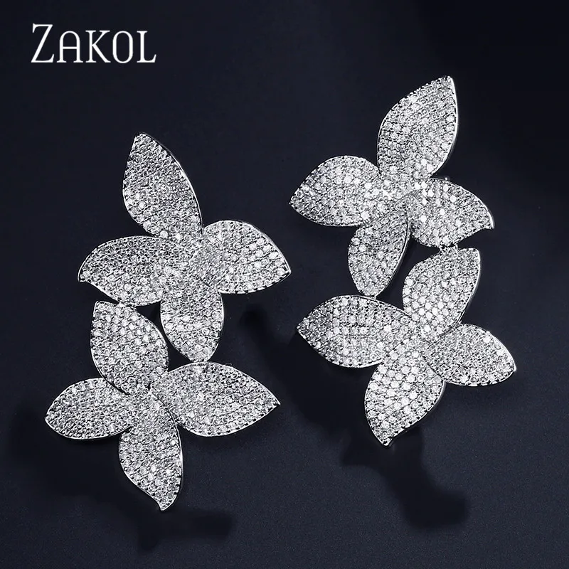 ZAKOL роскошные свадебные ювелирные изделия блестящий кубический цирконий микро Pave Цветок большие серьги гвоздики для женщин вечернее платье FSEP2266