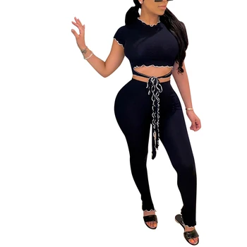 

2 Pieces Set Fashion Women's Suit Round Neck Short Sleeve Crop Top + Trousers Women Two Piece Outfits Knit Set Women Streetwear