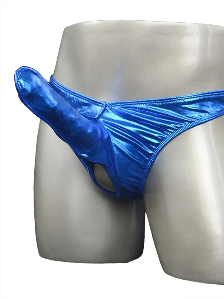 Sexy Men Lingerie Wet Look Metallic T-Back Bikini Shiny Brief Faux Leather Penis Sheath and Crotch Hole Gay Underwear