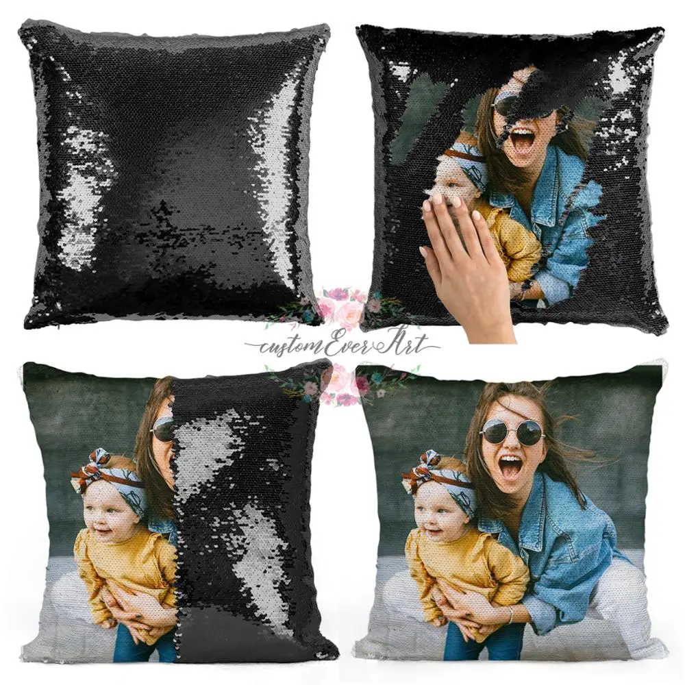 Personalised Sequin Cushion Cover Printed Photo Magic Reveal Mermaid Gift New 