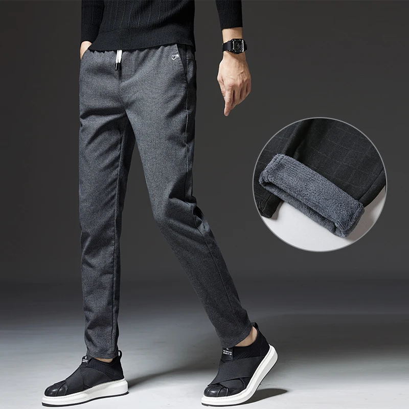 Drizzte Winter Fleece Mens Pants Dress Black Grey Trousers Casual Slacks Pants for Work Smart Casual for Winter