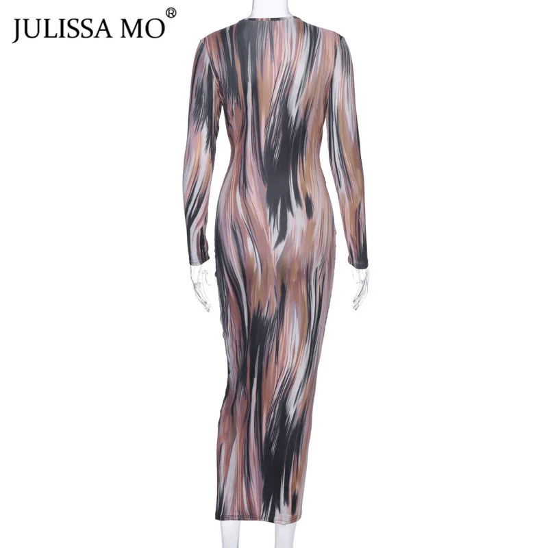 Julissa mo, платье с длинным рукавом и принтом Tie Dye, Осень-зима, v-образный вырез, сексуальное облегающее платье, женское Бандажное длинное рождественское платье Vestidos