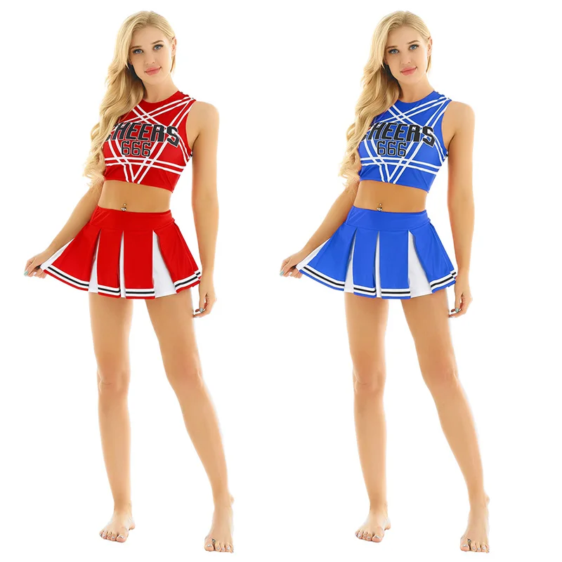 Women Lingerie Set Japanese Schoolgirl Cosplay Uniform Sexy Sleeveless Crop Top with Mini Pleated Skirt Cheerleader Costume