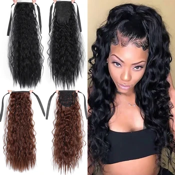 

Long Corn Curly Ponytail 22 Inch Drawstring Wrap Around Black Synthetic Clip In Extension Hairpieces for Women