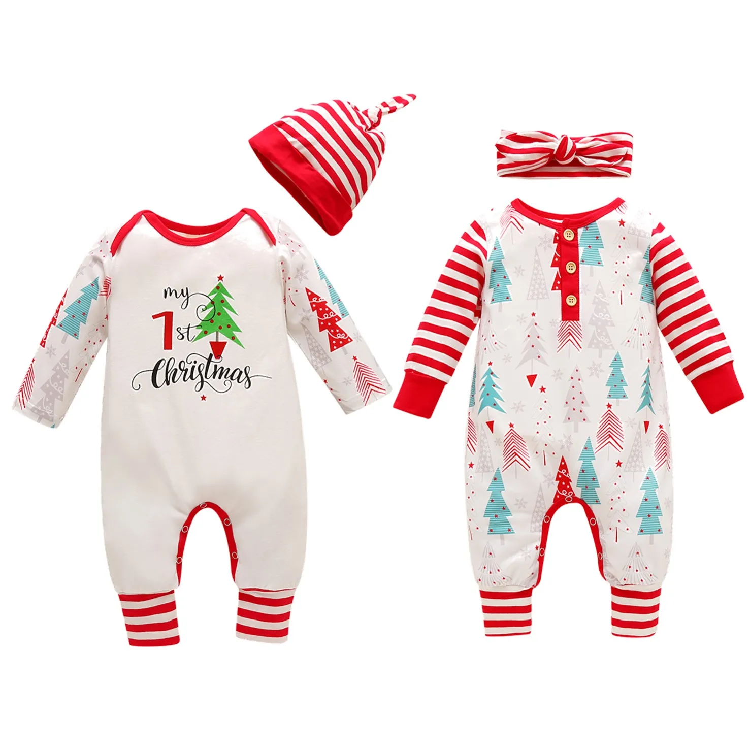 

2020 New Winter Christmas Infant Baby Boys Girls 2Pcs Set Tree Letter Print Long Sleeve Romper+Red Striped Hat/Headband Xmas
