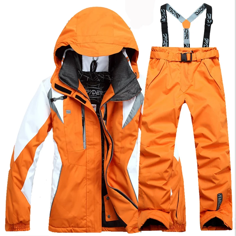 Women's Winter Jackets Pant Suits Windproof Rainproof  Warm Skis Snowboard Set Fashionable Female Skiing Wears Hooded Suspenders