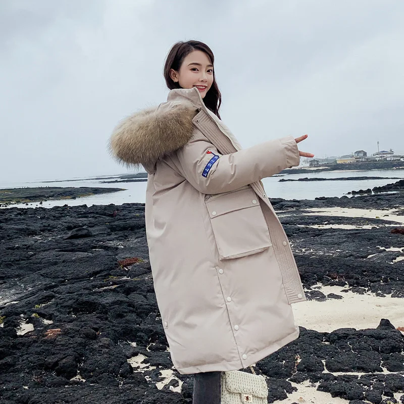 

2019 new large fur collar Winter Fur Long Hooded Coat Plus Size Pocket Jacket Women Solid Outwear Female thick plus size