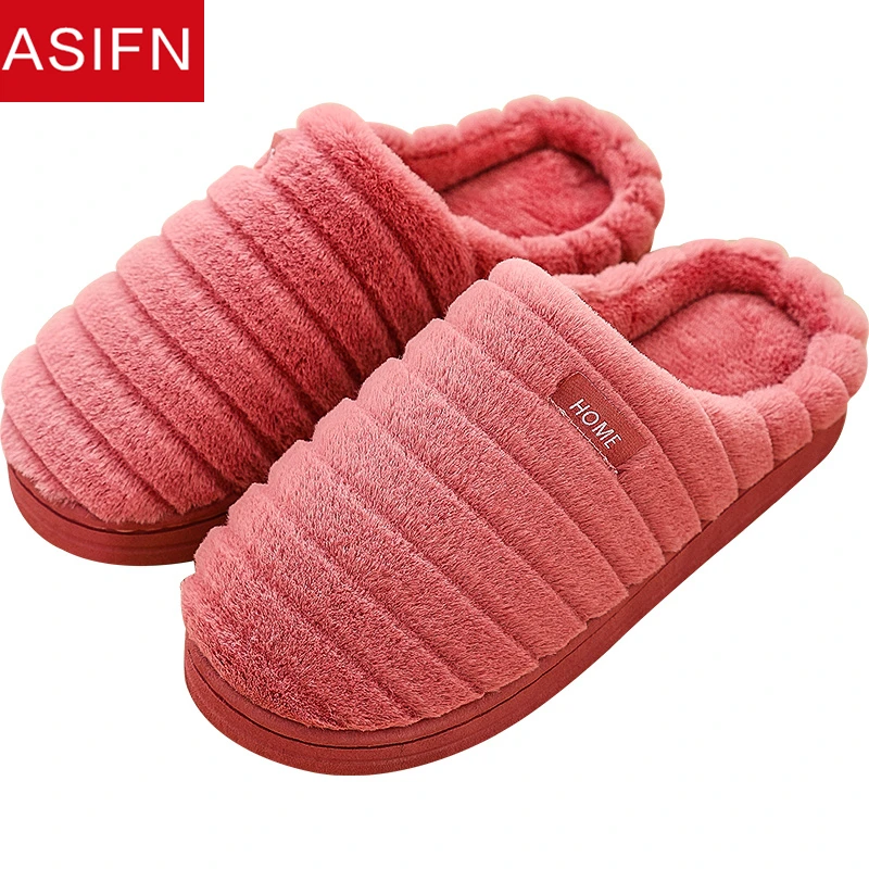 

ASIFN Women Winter Slippers with Fur Couple Home Men Cotton Non-slip Female Ladies Woman Warm Flip Flops Zapatos Mujer Soft Sole