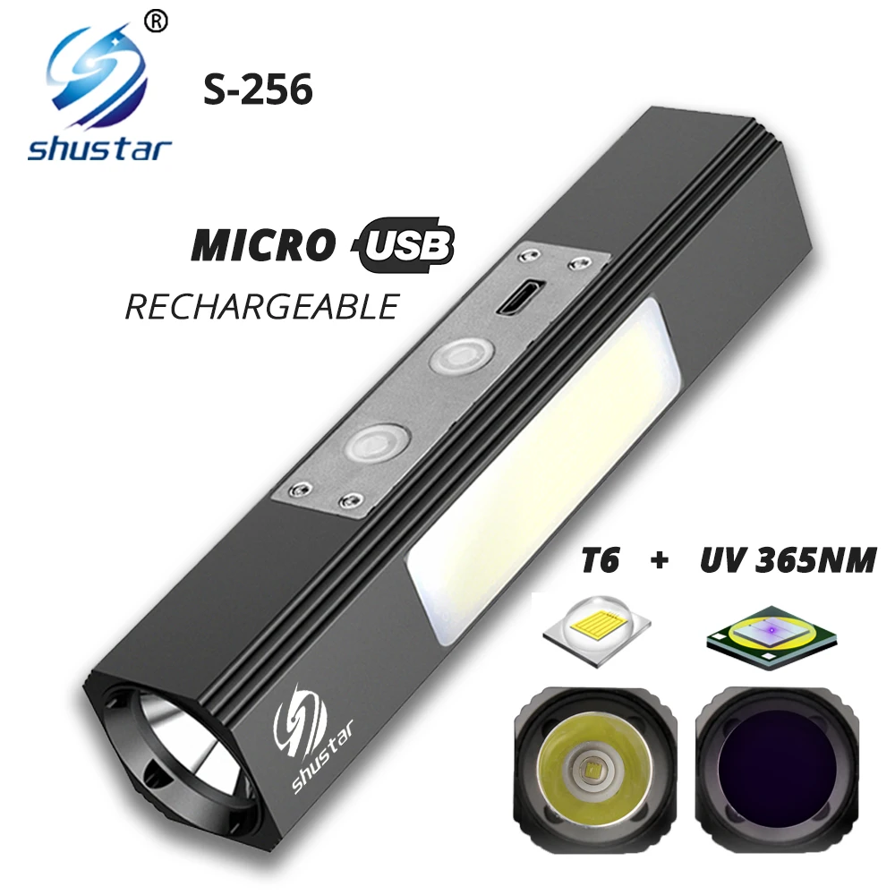 US $13.19 Powerful LED Flashlight T6 White LightUV 365NM Ultraviolet Multifunction Torch Used At Night Fluorescent Agent Detection Etc