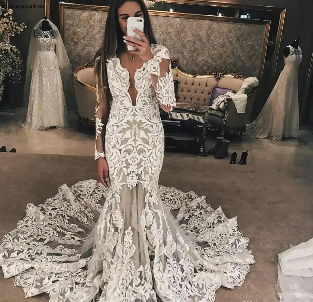 

African Nigerian Wedding Dress Glamorous Mermaid Long Sleeve Lace Appliques Garden Country Church Bride Bridal Gown Custom Made