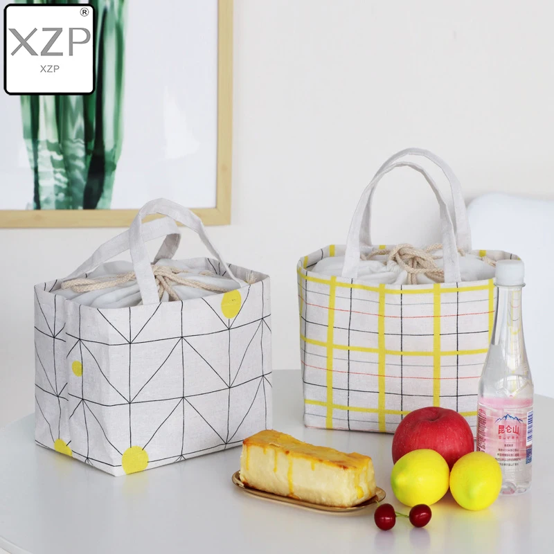 

XZP Stripe Geometry Pattern Leisure Bags Tote Lunch Bag Cotton Fabric Portable Women Cooker'S Thermal Convenient Lunch Box