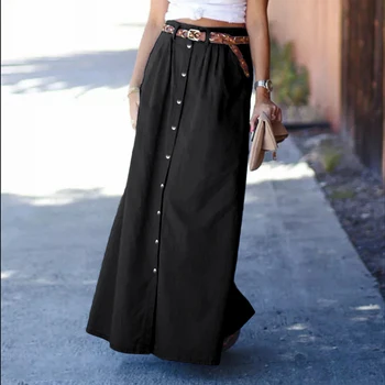 

Summer Fashion Maxi Long Skirts ZANZEA Women Denim Buttons Skirts Casual Maxi Pockets Skirt Solid Female Jupe Skirts Oversized