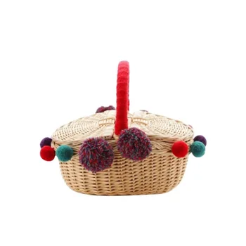 

New Handmade Wicker Basket With Handle, Double Lids And Colorful Pom Poms Camping Picnic Shopping Storage Basket Organizer