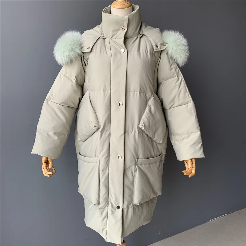 Зимняя куртка женская белая куртка-пуховик большой воротник из меха енота верхняя одежда ветронепроницаемое Свободное пальто толстый теплый пуховик Длинная парка