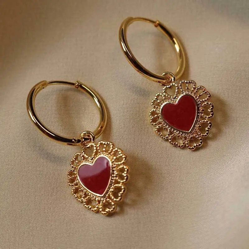 AOMU новые модные красные эмалированные серьги-подвески в форме сердца для женщин ожерелье с подвеской в виде сердца комплект ювелирных изделий