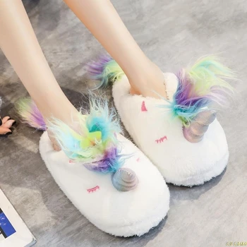 

2019 new cute colorful velvet unicorn plush shoes women home indoor winter rainbow unicorn slippers Waterproof non-slip shoes
